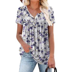 Aodemo Women's Summer Plus Size Tops Short Sleeve Shirts Henley Fit Tunic Ladies Flowy Blouse (X-Large, Short Sleeve-Grey-Purple Flower)