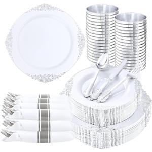 Nervure 350PCS Silver Plastic Plates - Silver Plastic Dinnerware Sets for 50 Guests - 100 Disposable Plates, 150 Silverware, 50 Cups, 50 Napkins for Wedding & Party
