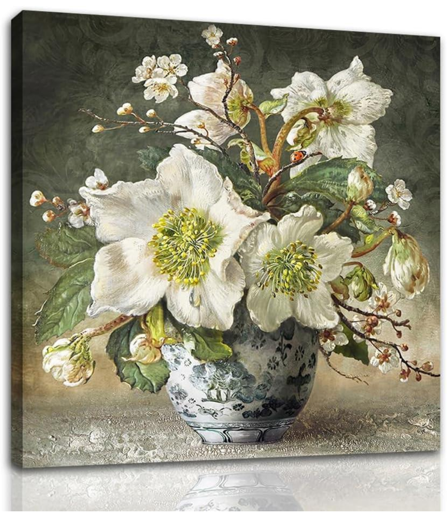 YMYXMC33 White Flower Picture Decor Wall Art Canvas Print Vintage Floral Wall Decoration Bedroom Bathroom 20x20