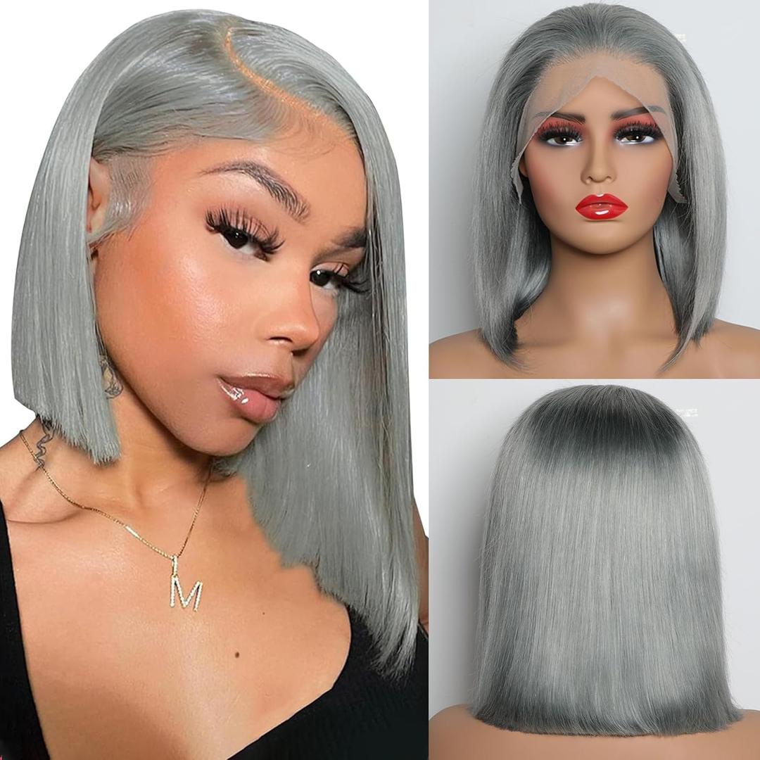 Grey Bob Wig Human Hair 13x4 HD Lace Frontal Wigs for Black Women Pre Cut Plucked 100% Unprocessed 12A Brazilian Virgin Human Hair - 180% Density 10 Inch Glueless Bob Wig