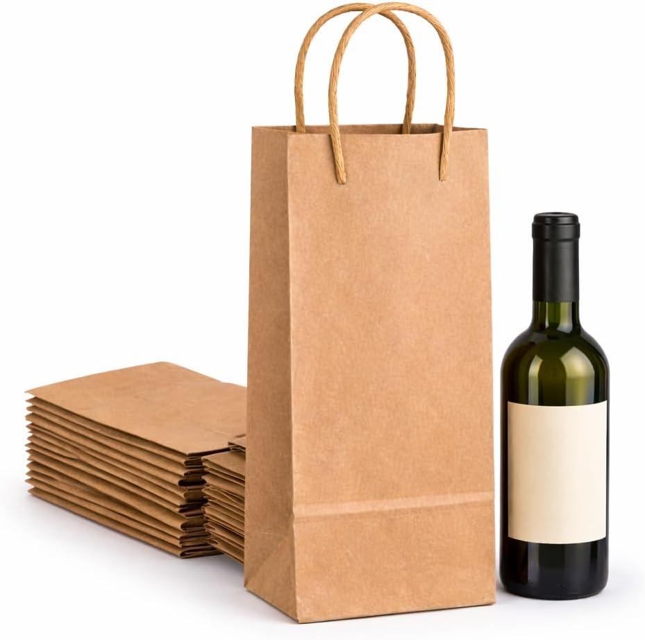 Kraft Wine Gift Bags with Handles  50 Pack Brown Paper Wine Bottle Bags, 5.25" x 3.25" x 13" (Brown Kraft)