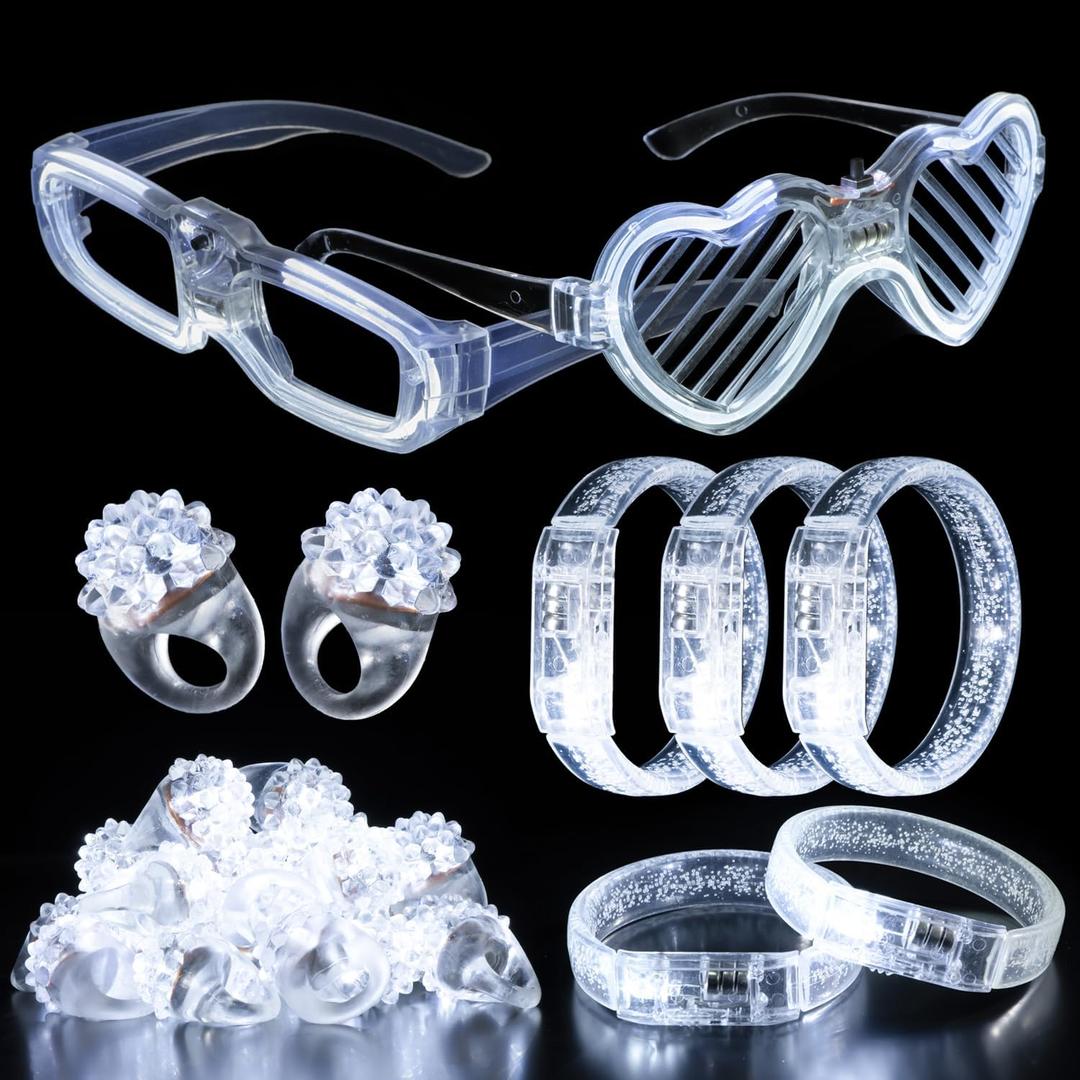50Pcs White Wedding Party Supplies Set 10 LED Flashing Glasses 20 Light up Bracelets and 20 LED Blink Bumpy Rings Glow In Dark Romantic Valentine's day Neon Party Decorative Accessories