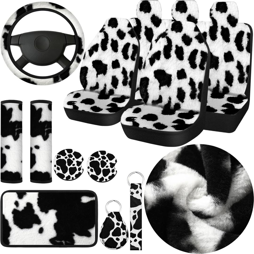 Plush Cow Print Car Accessories Full Sets Warm Cow Print Car Seat Covers Winter Christmas Car Seat Cover Rubber Steering Wheel Cover Armrest Pad Cover Seat Belt Pads Wrist Holder Keychain (Cow Print)