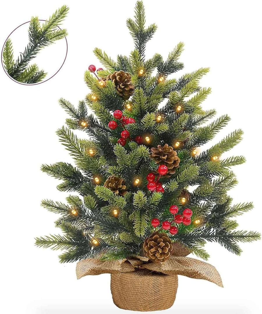 24"/2FT Tabletop Christmas Tree, Realistic-Feel Thick Artificial Mini Christmas Trees Small Christmas Tree with Lights Timer 56 Norfolk Pine Tip Pinecone Berry Burlap Base Christmas Decorations Indoor