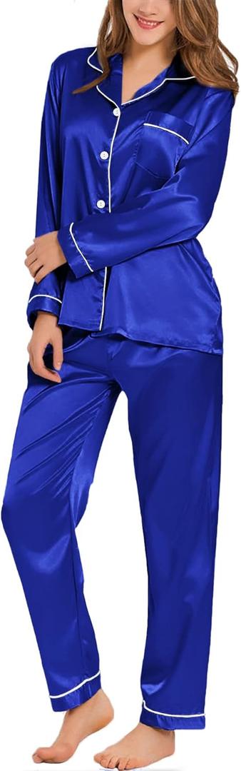 SWOMOG Womens Silk Satin Pajamas Set Long Sleeve Button Down Sleepwear 2 Piece Lounge Set Pj Set XS-3XL (Large, Blue)