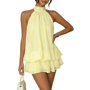 AXX Women's Chiffon Halter Mini Dress Backless Ruffle A-Line Yellow | Lightweight fabric; summer parties; wedding guests; date nights; adjustable tie back; breezy flowy fit (Yellow, M)