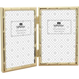 4x6'' Bamboo Detail Double Photo Frames, Gold Metal Picture 6x4'' Double, Elegant Gold Thin Edge Photo Frames 4 x 6'' With Soft Touch Velvet Backing and Real Glass for Desktop