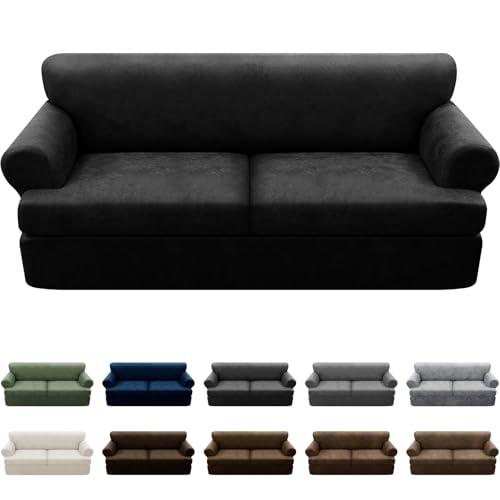 Pfrstuv 3-Pieces T Cushion Sofa Slipcovers Leather Look Couch Cover for 2 Cushion Couch Furniture Protector Stretch Sofa Cover with 2 Individual T Cushion Seat Covers Washable, Black