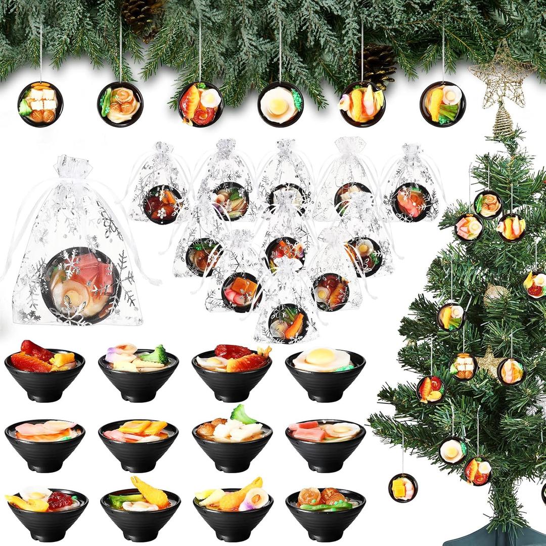12 Sets Ramen Bowl Ornaments Hanging Christmas Tree Ornament Japanese Food Ornaments Ramen Party Favors Gifts Bulk with Drawstring Organza Gift Bag