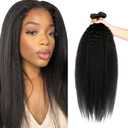 Kinky Straight Bundles Human Hair 24 26 28 Inch #1B Natural Black Yaki Straight Bundle Human Hair Extensions Unprocessed Virgin Remy Hair 3 Bundle 50 Gram Per Bundle