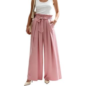 Wide Leg Casual Business Pants for Women Palazzo Trousers High Waisted Belted Flowy Summer Beach Long Slacks Pockets (Pink, L)