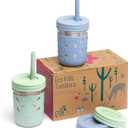 Elk and Friends 10oz Stainless Steel Kids + Toddler Drinking Cups | The Original Mason Jar with Sleeves + Lids | Silicone Straws | Smoothies | Storage Jar | Spill Resistant | Dishwasher Safe | 2 Pack (Sage/Misty Blue)