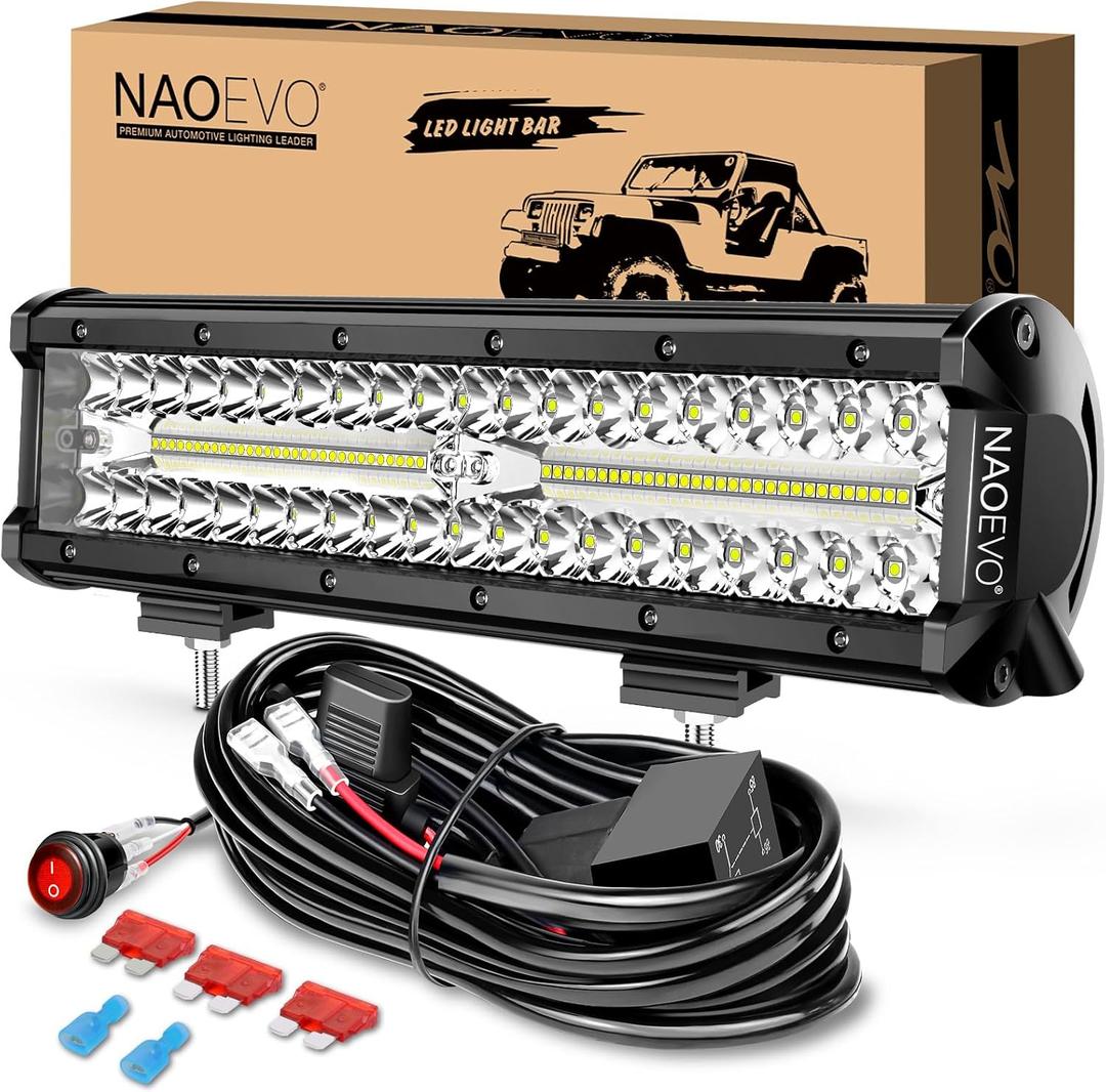 NAOEVO 12 Inch LED Light Bar, 300W 30000LM LED Offroad/Driving/Fog Lights with Wiring Harness Kit, Spot Flood Work Lights for Truck UTV ATV Golf Cart Boat (White)