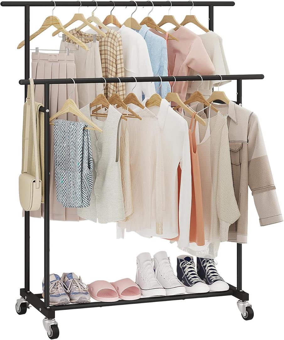 Calmootey Double Rod Clothing Garment Rack, Rolling Hanging Clothes Rack, Portable Clothes Organizer for Bedroom, Living Room, Clothing Store, Black