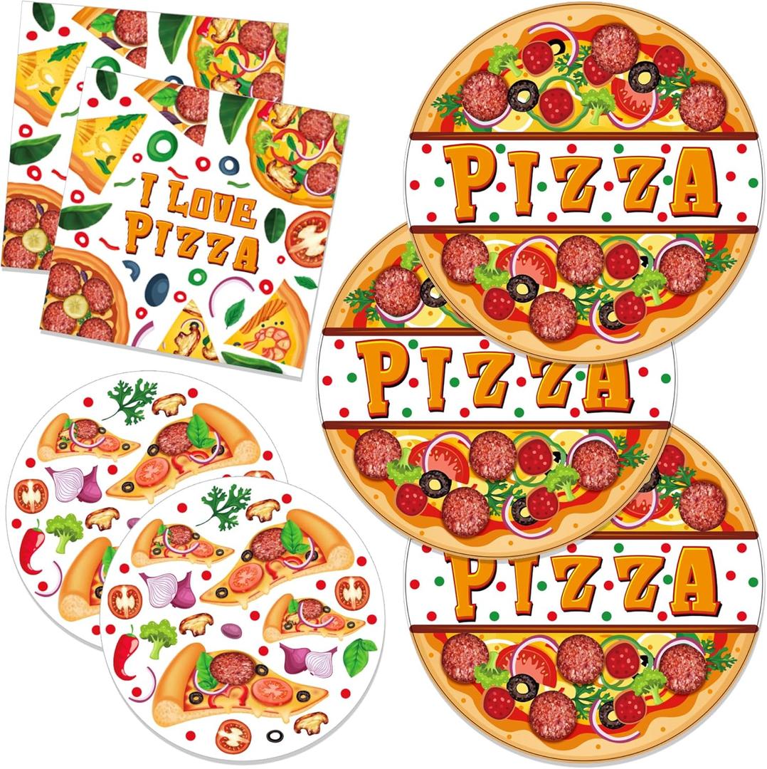 CC HOME 88PCS PIZZA Birthday Paper Plates Napkins Festival I Love Pizza Time Disposable Tableware Set Party Supplies Pizzaria Theme Dinnerware Cutlery Sets Serves 24 Guests