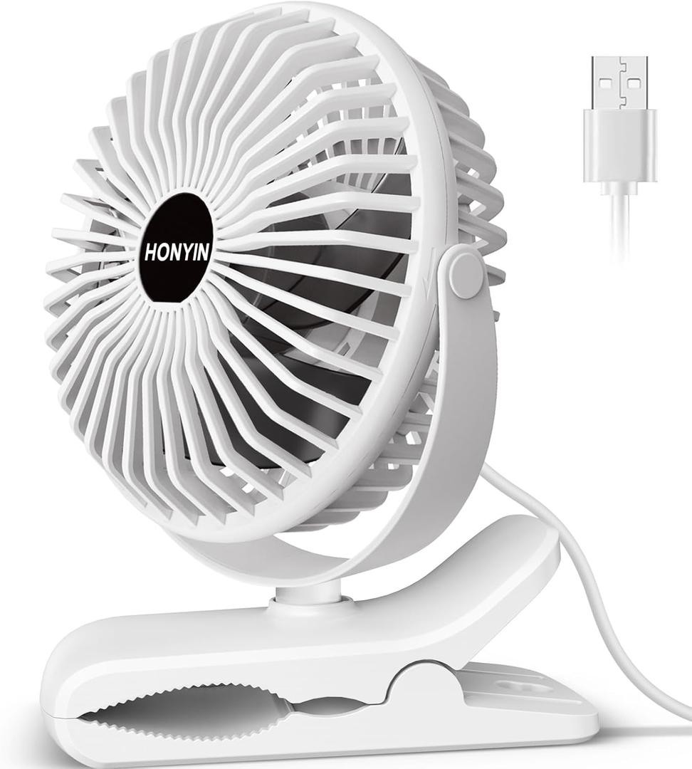 HONYIN 720° Rotation Small Desk & Clip on Fan with Sturdy Clamp, 3 Speeds, Quiet Little Personal Cooling Fan by USB Plug In, for Bedroom Office Desktop Treadmill