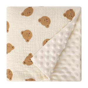 Fluffy-Backed Swaddle Blankets Baby Double Layer Muslin 100% Cotton Front Nursery Plush Dotted Fleece Back Receiving Bed Quilt Blanket for Unisex Newborn Baby Toddler Boys Girls 30 x 41 Inches (G - Teddy Bear)