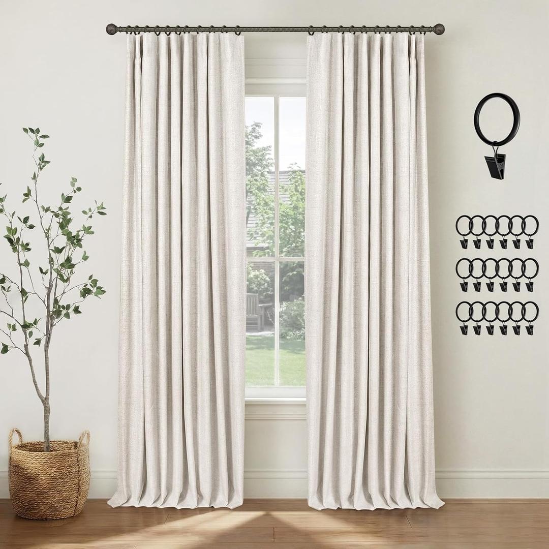 INOVADAY 100% Blackout Curtains for Bedroom, Black Out Curtains 96 Inch Long, Clip Rings Linen Blackout Drapes, Thermal Insulated Room Darkening for Living Room, 2 Panels - Beige,W50xL96