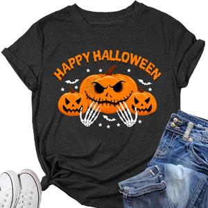 Women's Halloween Shirt:Pumpkin Art Patterns Crewneck Short Sleeve Halloween Party T-Shirt (XX-Large, Grey1)