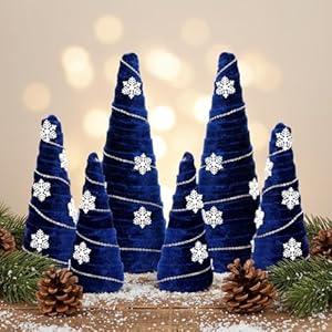Hoolerry 6 Pcs Christmas Velvet Trees Set with Stars String Glitter Christmas Tree Decorations Modern Mantle Decor for Xmas Decor Party Home Farmhouse Table Centerpiece Decorations (Navy)