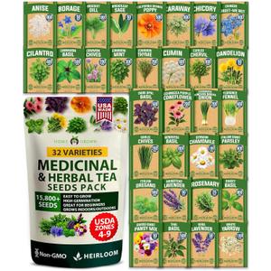 HOME GROWN Herb Seeds 32 Medicinal Herbs and Tea Variety Pack – Annual & Perennial Herb Seeds for Planting Indoors & Outdoor – NonGMO, Heirloom Seeds, Easy to Grow, High Germination Garden Kit