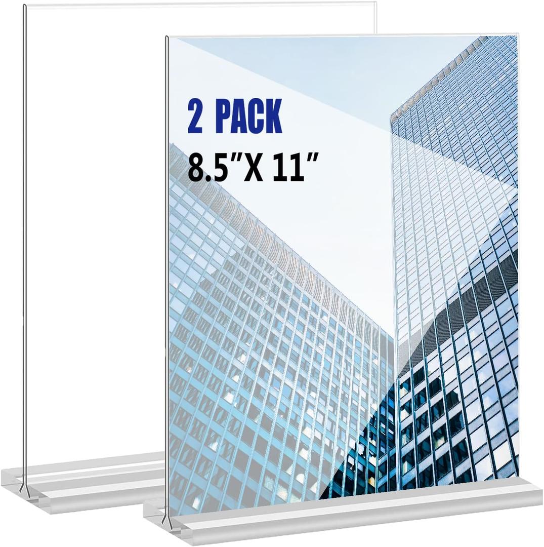 Acrylic Sign Holder 8.5x11 Inches 2 Pack T Shape Desktop Display Stand Vertical Double Sided Clear Table Menu Flyer Holder for Restaurants, Office, Shop, Wedding