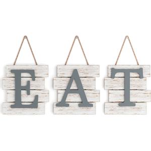 Barnyard Designs Eat Sign - Rustic Wall Decor for Kitchen and Home, Primitive Country Farmhouse Decorations, Distressed Hanging Sign, 24" x 8" (White/Grey)