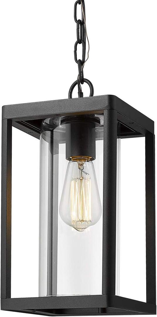 Beionxii Outdoor Pendant Light, Modern Exterior Hanging Porch Lantern, Black Cast Aluminum w/Clear Cylinder Glass - A291H-1PK