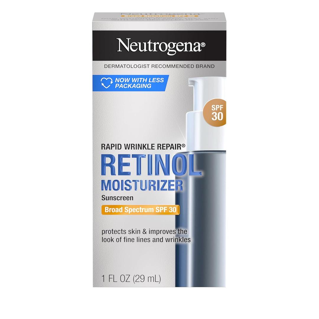 Neutrogena Retinol Face Moisturizer, Rapid Wrinkle Repair with SPF 30 Sunscreen, Daily Anti-Aging Face Cream with Retinol & Hyaluronic Acid to Fight Fine Lines, Wrinkles, & Dark Spots, 1 fl. oz, Best By 08, 2027