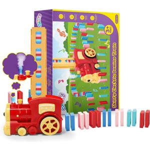 Skirfy Birthday Gift Kids Toys Dominoes Train Set- 160PCS Domino Blocks Set Automatically Run with Real Steam Function, with Lights and Sound,Creative Toys for Kids Aged 4-8 with Storage Bag (Red160pcs)