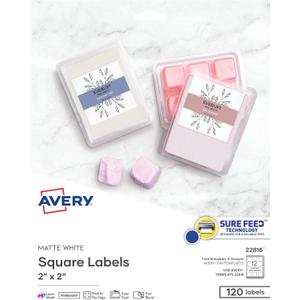 Avery Printable Blank Square Labels, 2" x 2", Matte White, 120 Customizable Labels (22816)