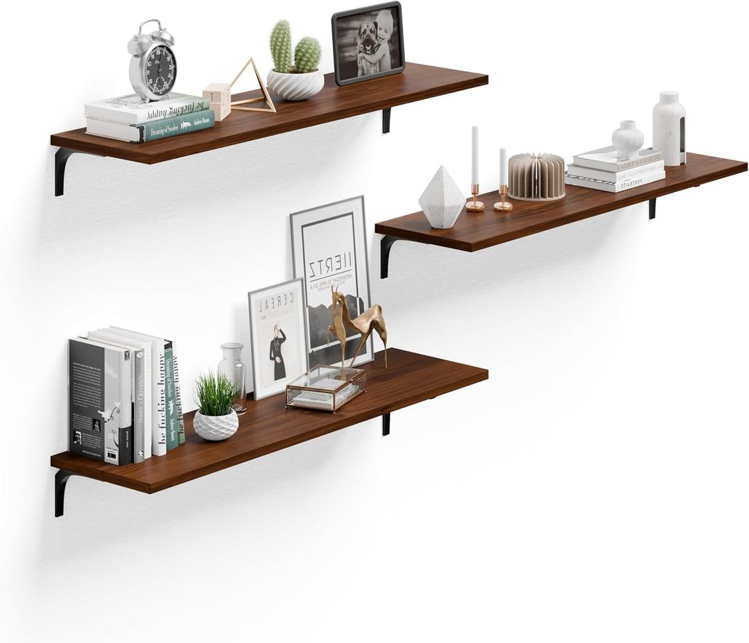 12 Inch Deep Floating Shelves Set of 3, 36 Inch Extra Wide Walnut Solid Wood Wall Shelves with 150 lbs Capacity, Heavy Duty Farmhouse Wall Mounted Shelving for Kitchen, Living Room & Bedroom, 3T36IN