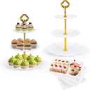 6 Pcs Cupcake Stand Dessert Table Display Set 2 Pcs 3 Tier Plastic Cake Stand Holder 4 Pcs Dessert Serving Tray Cookie Platter Rack Tower for Tea Party Wedding Baby Shower (Round White; Gold rods)