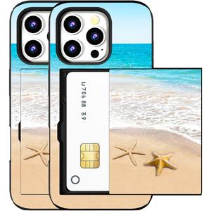 Compatible for iPhone 16 Pro Max Case with Card Holder Cute - Kawaii Design Military-Grade Drop Protection Rugged Wallet Cases for Women (Black Beach Starfish Summer)