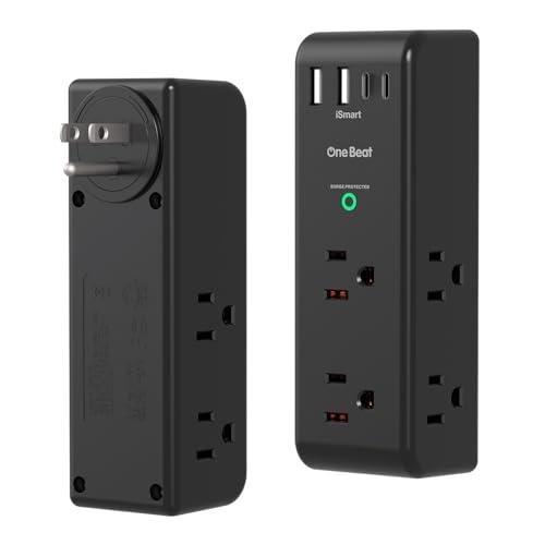 Surge Protector Outlet Extender with Rotating Plug, 6 AC Multi Plug Outlet with 4 USB Ports (2 USB C), 1800 J, 3-Sided Swivel Power Strip with Spaced Outlet Splitter for Dorm Office, Black-2 Pack