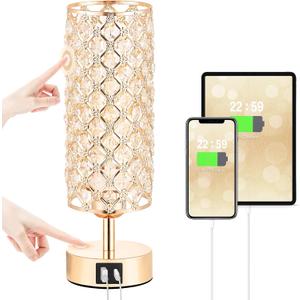 Crystal Table Lamp, Gold Lamp for Bedroom with USB-C USB-A Charging Ports, 3 Way Dimmable Light with Crystal Lampshade, Bedside Lamp Small Touch Light for Girl Room in Gold (USB-C+A Ports)