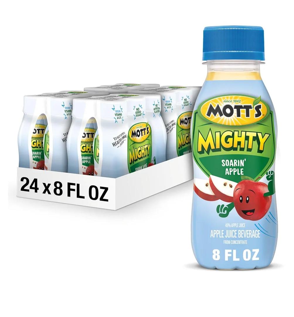 Mott's Mighty Soarin' Apple Juice Drink, 8 Fl Oz Bottles, 24 Count (4 Packs Of 6), 100% Fruit Juice Combined With Purified Water, Natural Flavors, And Vitamins A, C And E (BB: October 15, 2025)