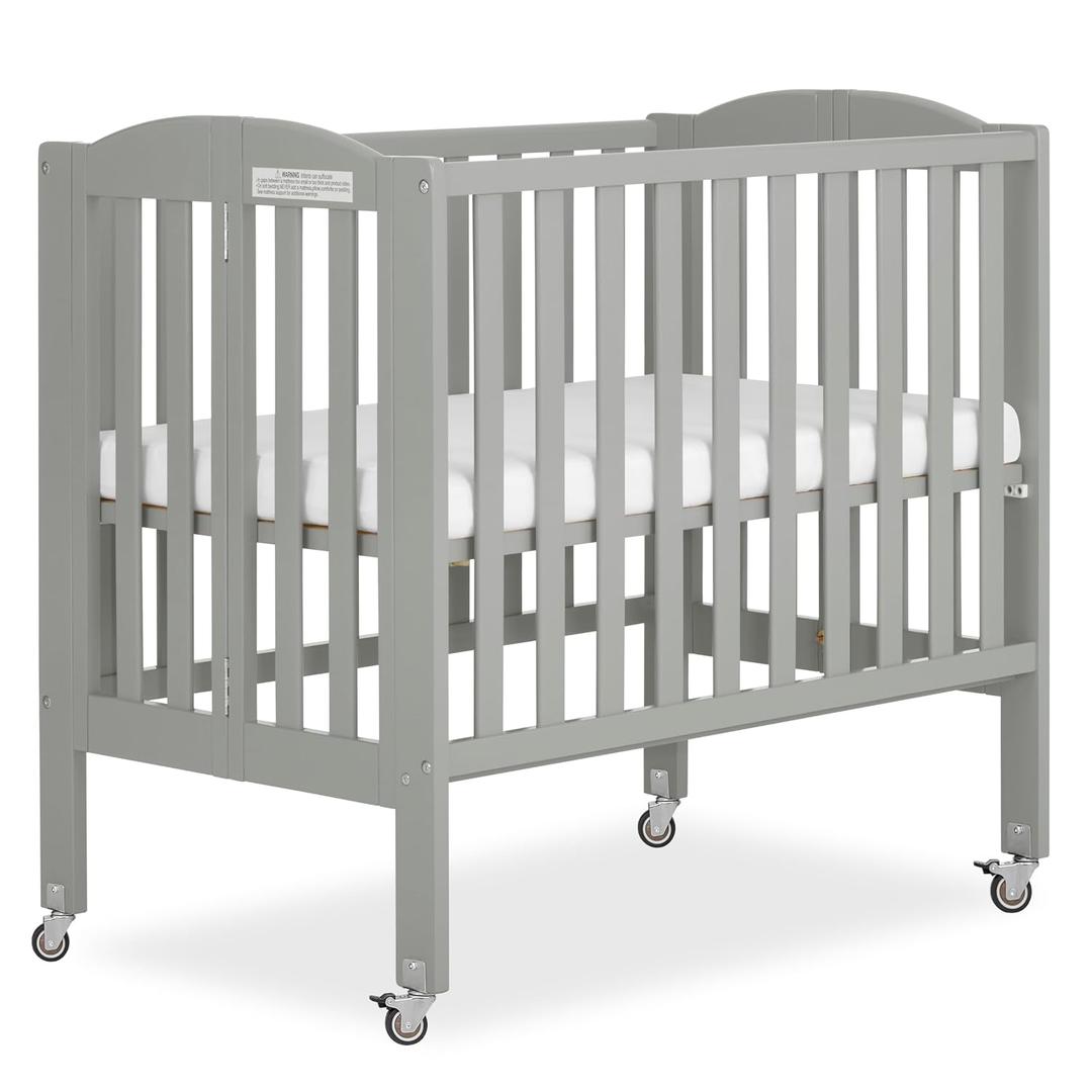 Dream On Me 2-in-1 Portable Mini Crib, Non-Full Size Baby Crib for Small Spaces, 2 Mattress Heights, Compact Travel Design, Includes Mattress, GREENGUARD Gold & BSA Certified, Cool Grey