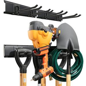 TIDYME Garage Tool Organizer Wall Mount - 32 inches - Sturdy Storage Rack with Adjustable Hooks, Anti-Rust - Easy Installation, 200lbs Capacity - Garden Tool Organizer (02 Racks & 04 Hooks) (Black)