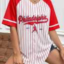 Baseball Jersey Women Game Day Shirt Baseball Player Graphic Tees Button up Short Sleeve Fan Tops (Red, L)
