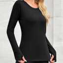 Fisoew Womens Long Sleeve T Shirts Crew Neck Basic Fall Fitted Tops Running Yoga Athletic Shirts with Thumb Hole (Black)