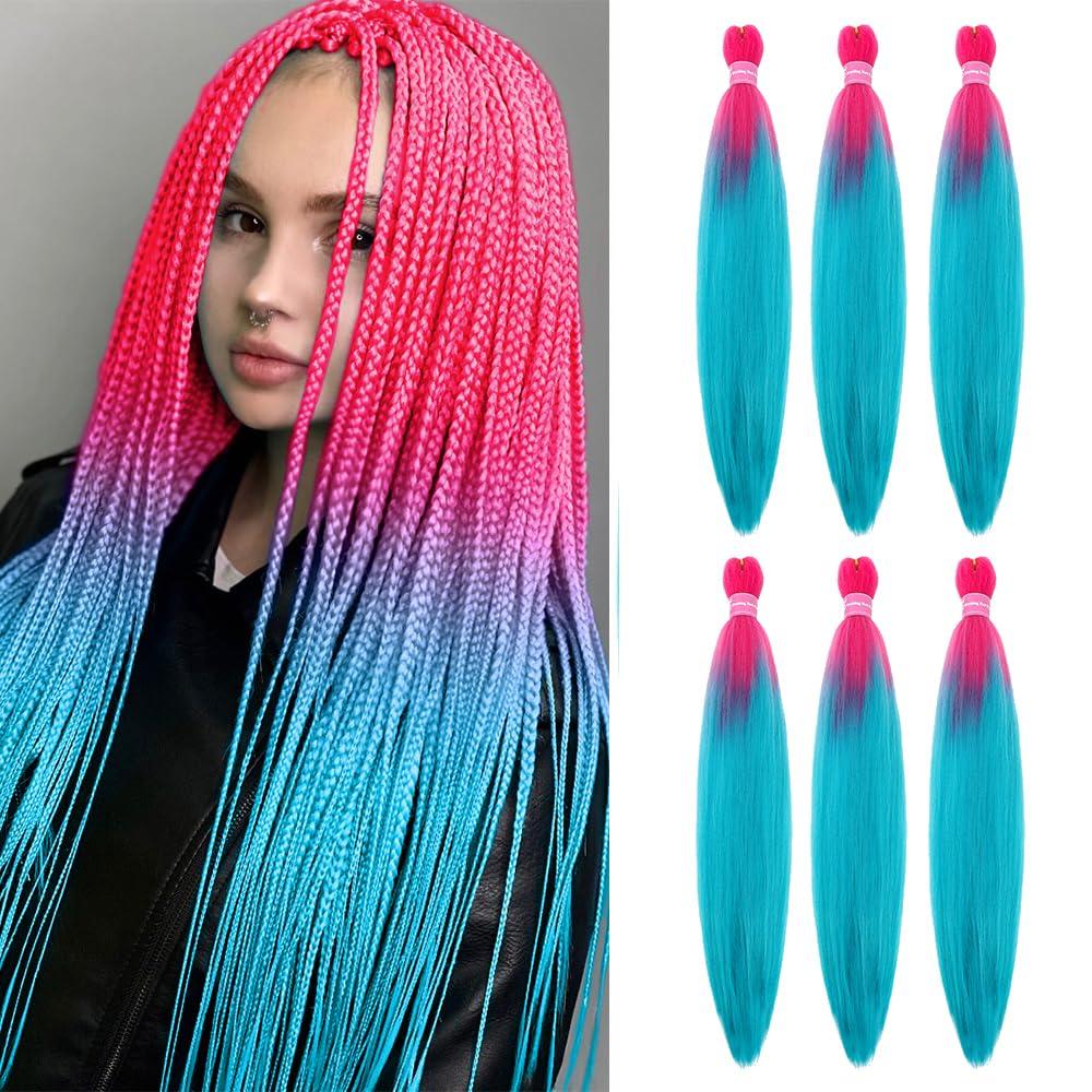 Pre Stretched Braiding Hair Extensions 26 Inch 6 Packs Long Braid Hair Yaki Texture Professional Prestretched Peach Pink to Lake Blue Braiding Hair For Women (Peach Pink/Lake Blue, 26 inch)