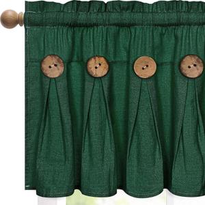 FRAMICS Farmhouse Valance Curtains, Boho Cotton Linen Kitchen Valance, Green Rustic Button Window Valances for Kitchen Bathroom, Country Rod Pocket Valances for Windows Christmas, Green, 52 x 18 Inch