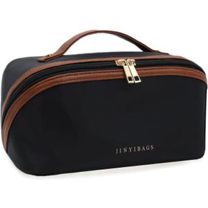 Travel Makeup Bag  Large Cosmetic Organizer with Waterproof Nylon, Smooth Double Zipper & Tear-Resistant Lining, Toiletry Pouch for Women (Black)