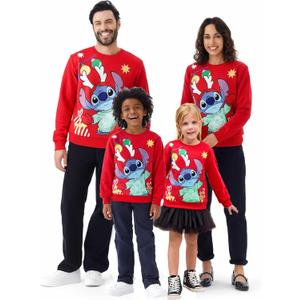 Disney family matching sweatshirt Stitch Mickey Spiderman print long sleeve winter Christmas mom dad kids loose fit red (X-Large)