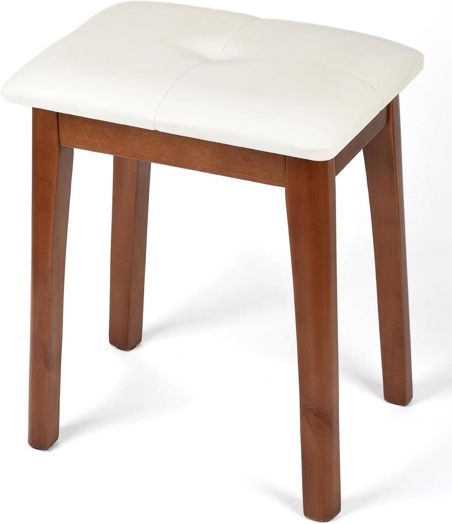 Solid Wood Vanity Stool with Cushion, 11" D x 15" W x 18" H - Small Wooden Ottoman Bench Chair Padded Seat for Bedroom/Living Room/Office/Makeup Vanity/Closet/Desk - Beige White