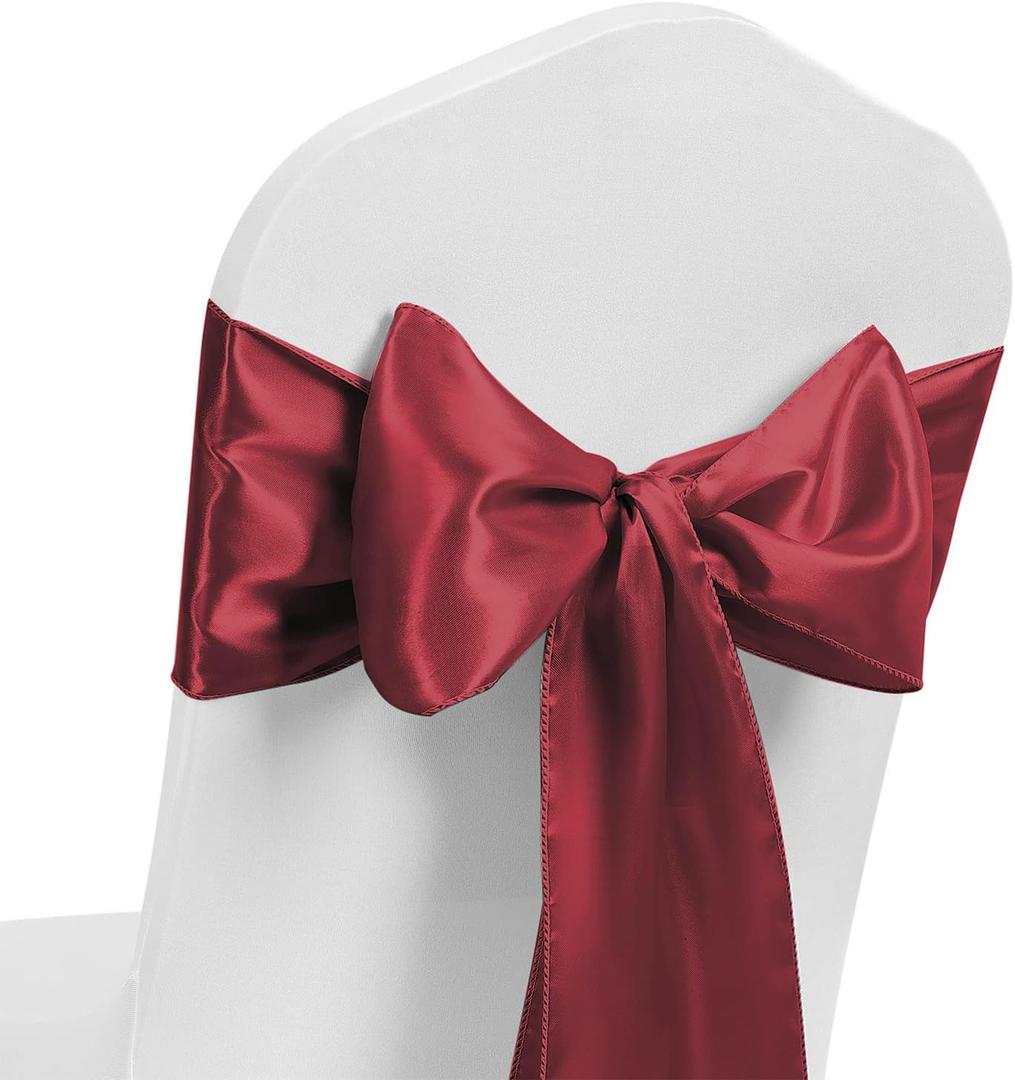 MAGTOWNE Burgundy Chair Sashes 50 Pack, Dark Red Marroon Satin Chair Ribbons for Party Wedding, Universal Chairs Ties Knots for Folding Chairs Decor