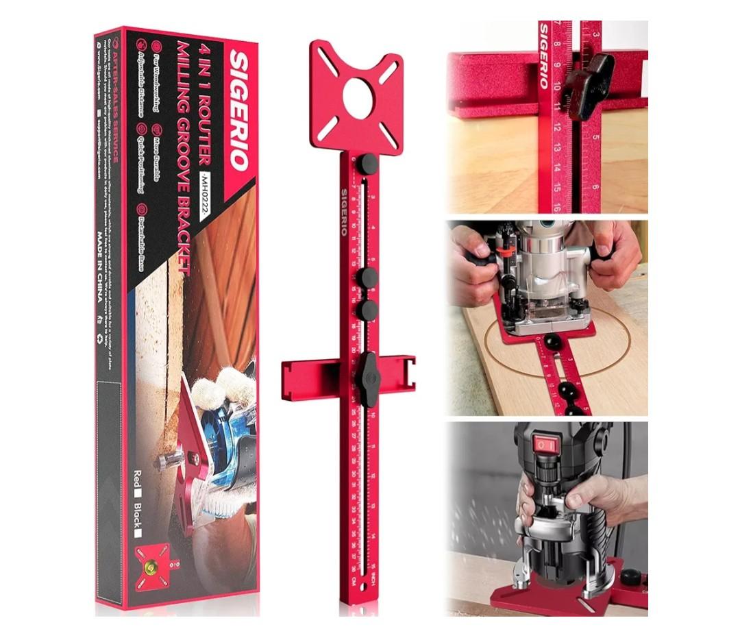 New 4 in 1 Router Milling Groove Bracket, Aluminum Alloy Router Circle Cutting Jig, Multifunctional RouterGuide for Cutting Circles, Adjustable RouterJig Tool for Woodworking (Rose Red)