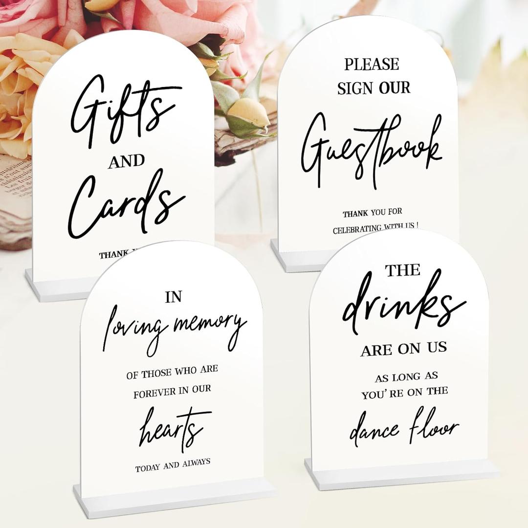 KOSKIMER 4Pcs Acrylic Wedding Signs for Reception, Guest Book Sign with Stand, Cards and Gifts Sign, In Loving Memory Sign, The Drinks Are On Us Sign (Set of 4)