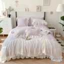 IHOUSTRIY Lace Duvet Cover Full Size, Chiffon Ruffled Beddding Set with Flower, 3 Pieces Comforter Cover Set with Zipper Closure, Girl Princess Bedding with Pillowcase - Purple, Full